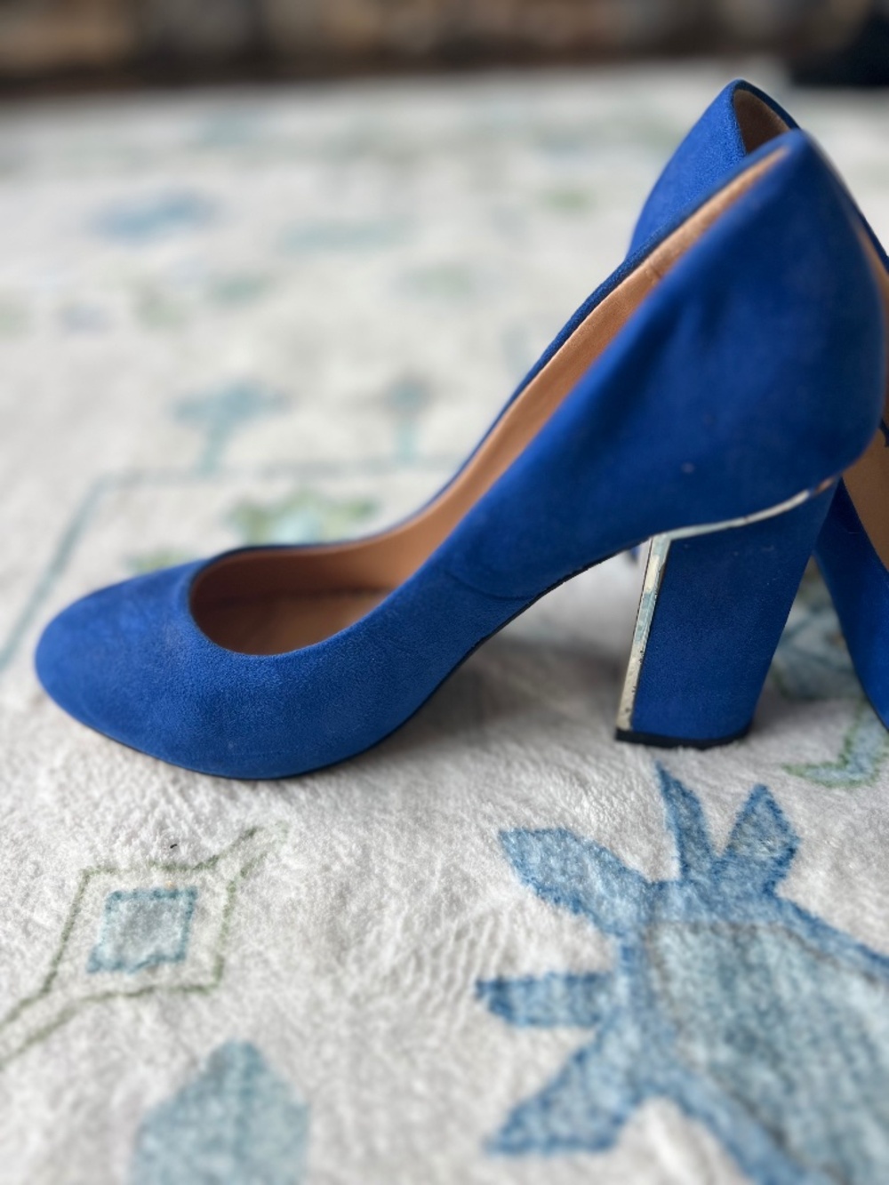 Cobalt blue chunky heels with metallic detail